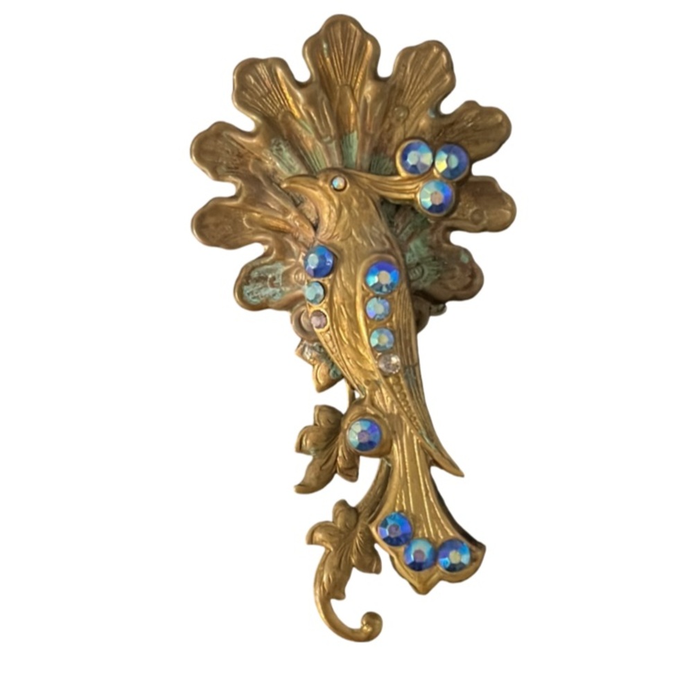 Antique Art Nouveau Bronze Blue Crystal Alphonse Mucha Peacock Bird Brooch